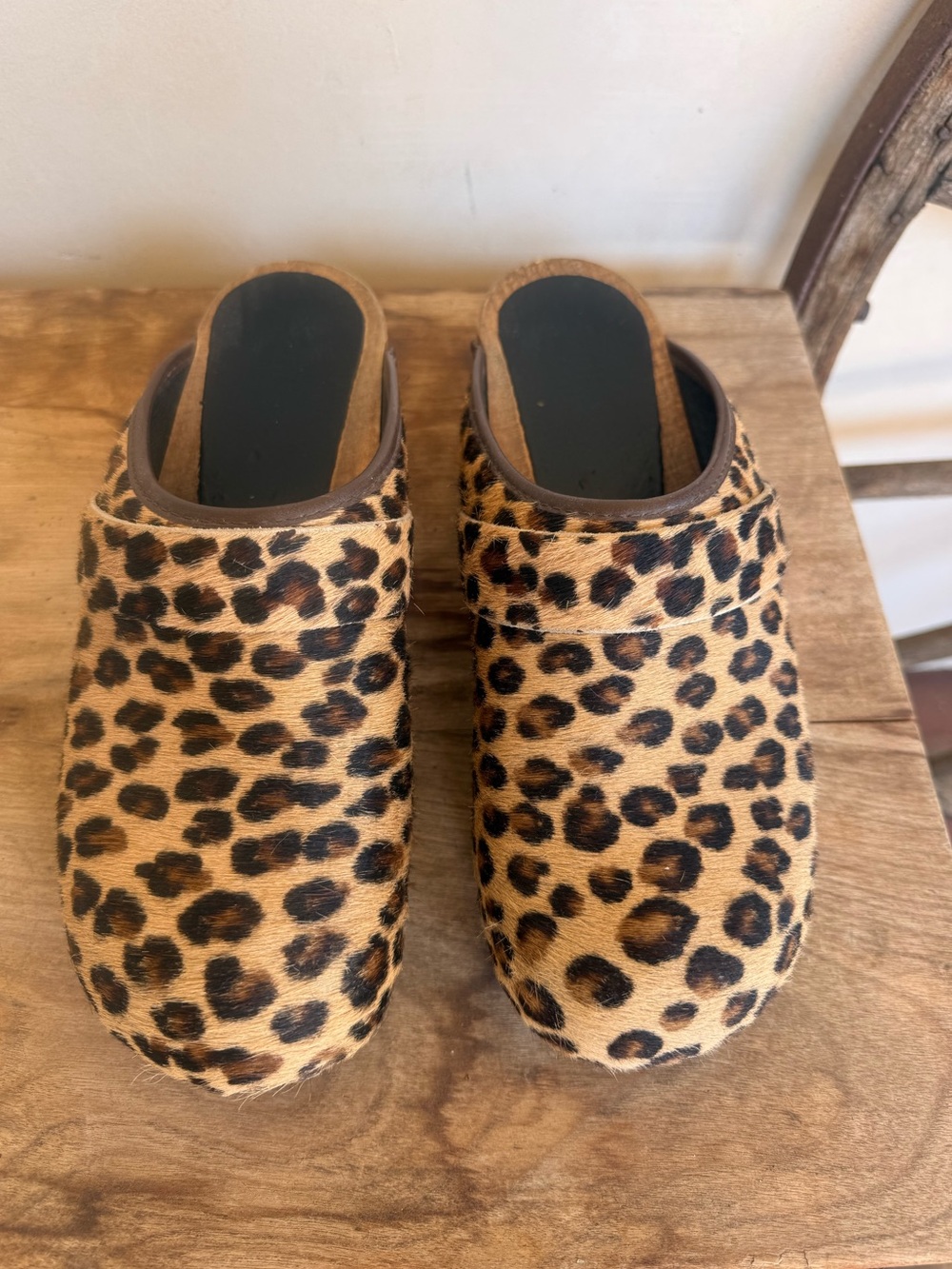 SANITA Leopard Real Fur & Leather Clogs Solid Wood Soles US-9.5 EU-40 Italy